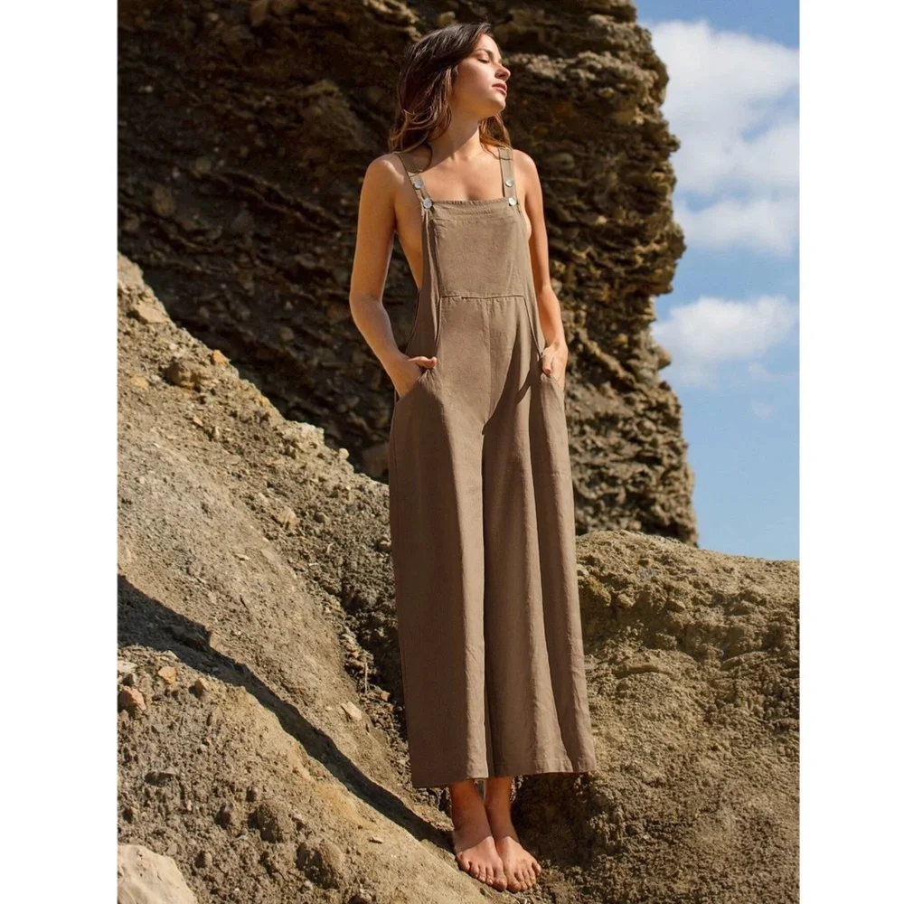 Linen Blend Casual Mocha Brown Overalls Pockets Jumpsuit Wide Leg - Picture 3 of 7
